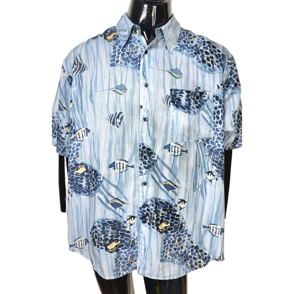 Vintage Roundtree & Yorke 100% Silk Ocean Fish Print Button-Down Shirt Men's XL